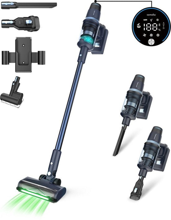 Samako Steelstofzuiger Draadloos - 450W - Kruimeldief - 4 Opzetstukken - Stofzuiger 32kPa zuigkracht - Zonder zak op accu - CleanDetect