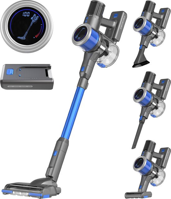 Auronic Steelstofzuiger Draadloos 350W - Draadloze Stofzuiger - HEPA Filter - Zelfstaand - Extra Accu - Op Accu - Zonder Zak - Kruimeldief - Vacuum Cleaner - Grijs/Blauw(Grijs)