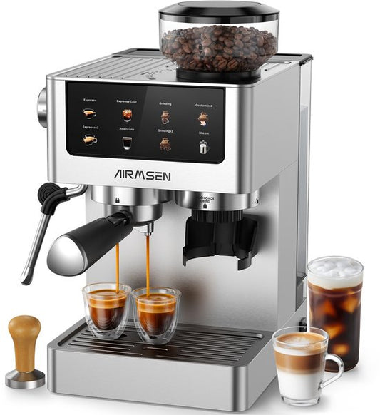 AIRMSEN Espressomachine - Met Ingebouwde Bonenmaler - 20 Bar - Stoomstaf - RVS - Touchscreen - Americano  Latte - Zilver