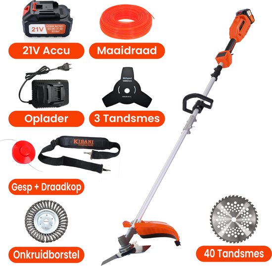 Kibani Accu Bosmaaier - Incl. 21V Accu en Oplader - Elektrische Bosmaaier - met 15CM Onkruidborstel - met Maaidraad, Zaagblad en Draadkop - Grastrimmer - Kantenmaaier