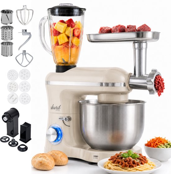Vivid Green 2000W Keukenrobot - 6.2L - Alles-in-een Keukenmixer - Mixer met Mengkom - Keukenmachine - Gehaktmolen en Blender- Pastamachine – Zwart(Creme)