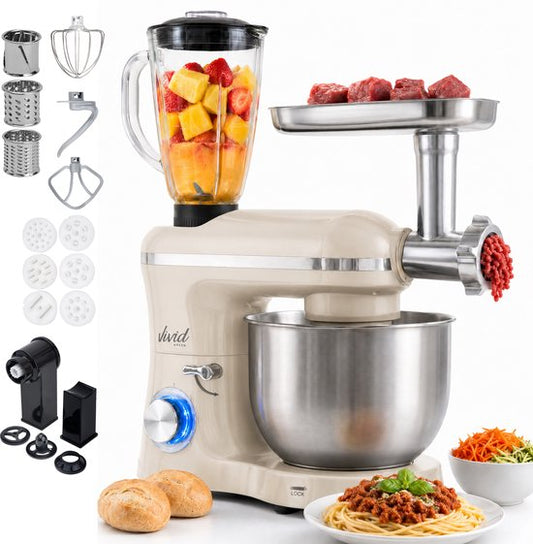 Vivid Green 2000W Keukenrobot - 6.2L - Alles-in-een Keukenmixer - Mixer met Mengkom - Keukenmachine - Gehaktmolen en Blender- Pastamachine – Zwart(Creme)