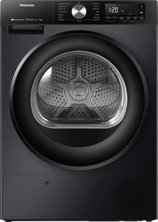 Hisense 3S Serie DH3S902BB3 - Zwarte Wasdroger met Energielabel C - Warmtepompdroger - 9kg - ConnectLife - Trommelverlichting - AutoDry - Quick Dry - Allergy Care(Black)