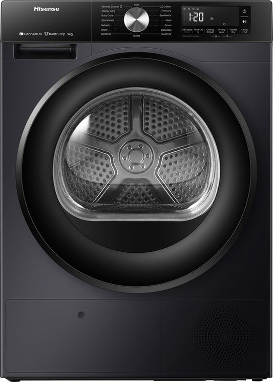 Hisense 3S Serie DH3S902BB3 - Zwarte Wasdroger met Energielabel C - Warmtepompdroger - 9kg - ConnectLife - Trommelverlichting - AutoDry - Quick Dry - Allergy Care(Black)