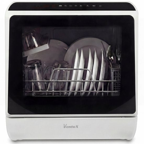 Ventux Mini Vaatwasser Incl. App – Afwasmachine – 5 Programma’s – 900 Watt – 42,5 x 42,8 x 45,8 cm - Wit(Wit - Zwart)