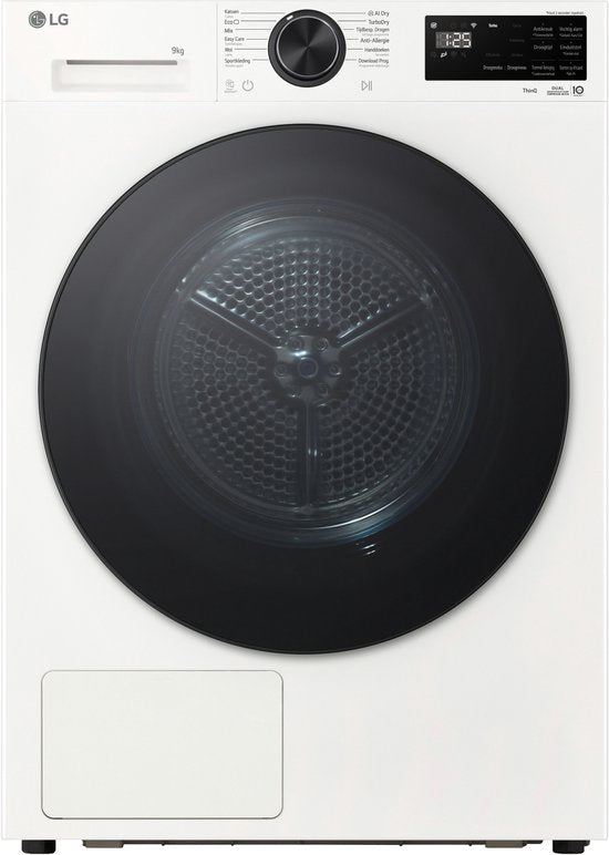 LG RHX5009TWB warmtepompdroger 9 kg met Dual Inverter Heat Pump voor gelijkmatig en energiezuinig drogen - Sensor Dry stopt automatisch bij droog - Zelfreinigende condensor voor duurzaam rendement en ThinQ slimme bediening. Energieklasse B