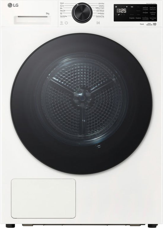 LG RHX5009TWB warmtepompdroger 9 kg met Dual Inverter Heat Pump voor gelijkmatig en energiezuinig drogen - Sensor Dry stopt automatisch bij droog - Zelfreinigende condensor voor duurzaam rendement en ThinQ slimme bediening. Energieklasse B